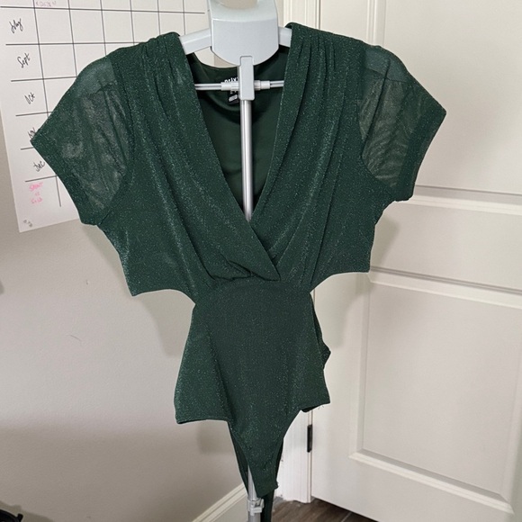 Privy Dark Green Sparkle Mesh Cut-Out Bodysuit - Picture 4 of 10